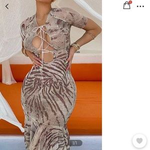 Brown Multi Print Lace Up Bodycon Dress XL